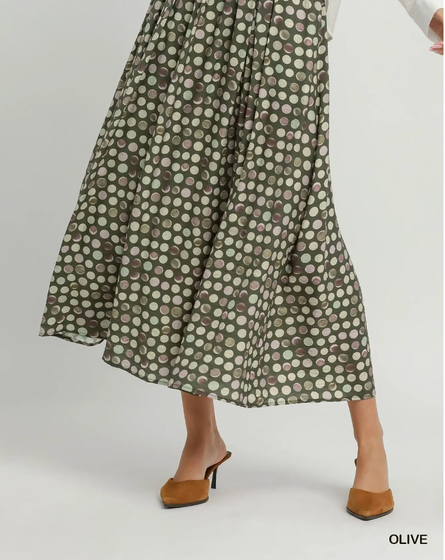 Umgee W Dot Print Pull On Skirt OLIVE