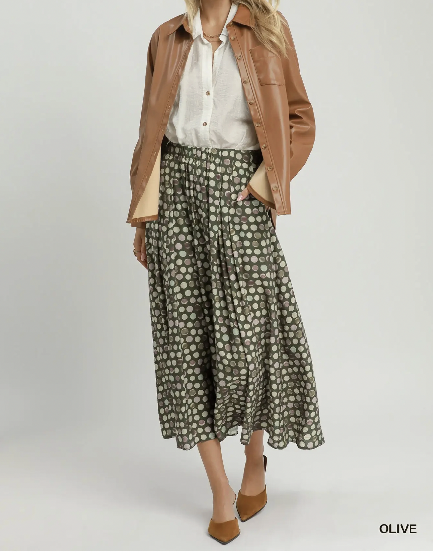 Umgee W Dot Print Pull On Skirt OLIVE