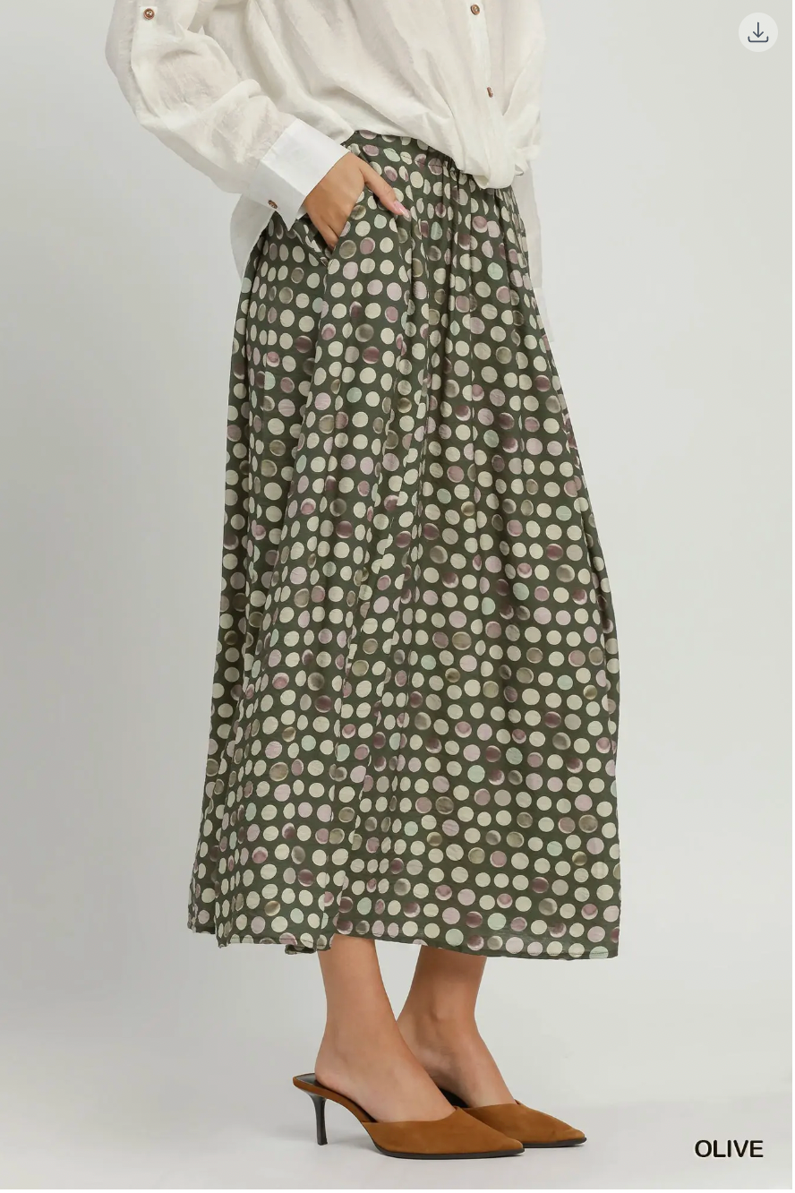 Umgee W Dot Print Pull On Skirt OLIVE