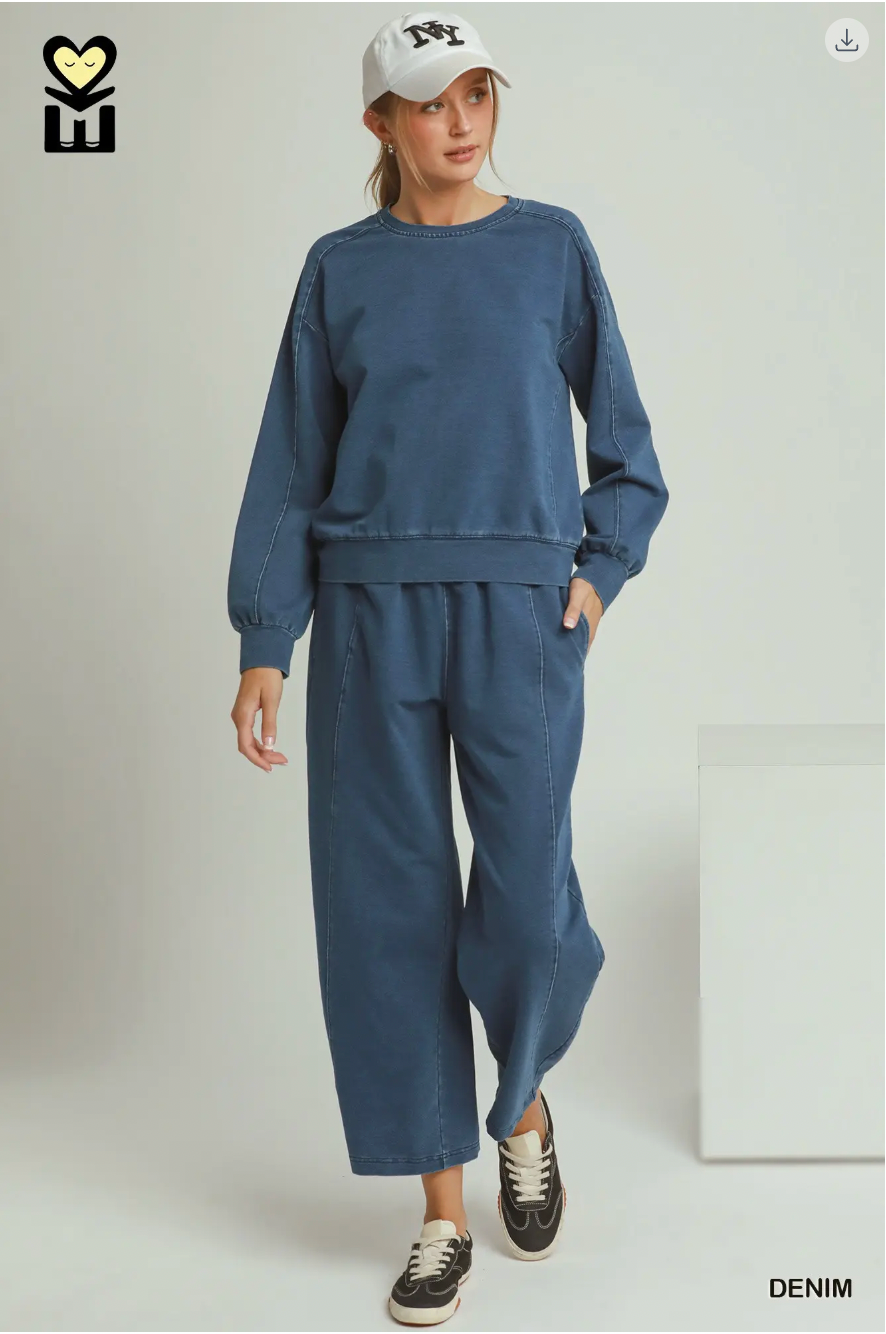 Umgee W Knit Crewneck Pullover DENIM