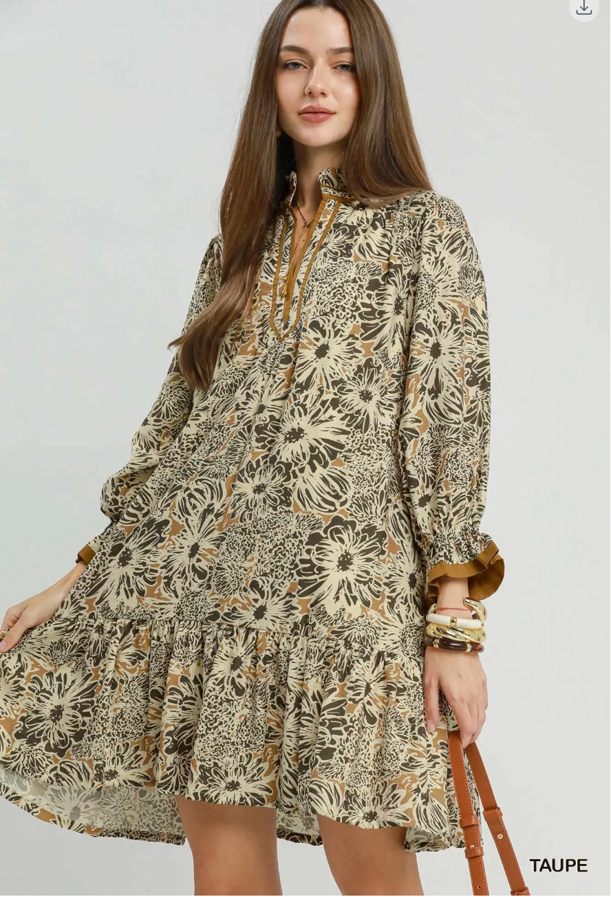 Umgee Ruffle Neck Printed Mini Dress TAUPE