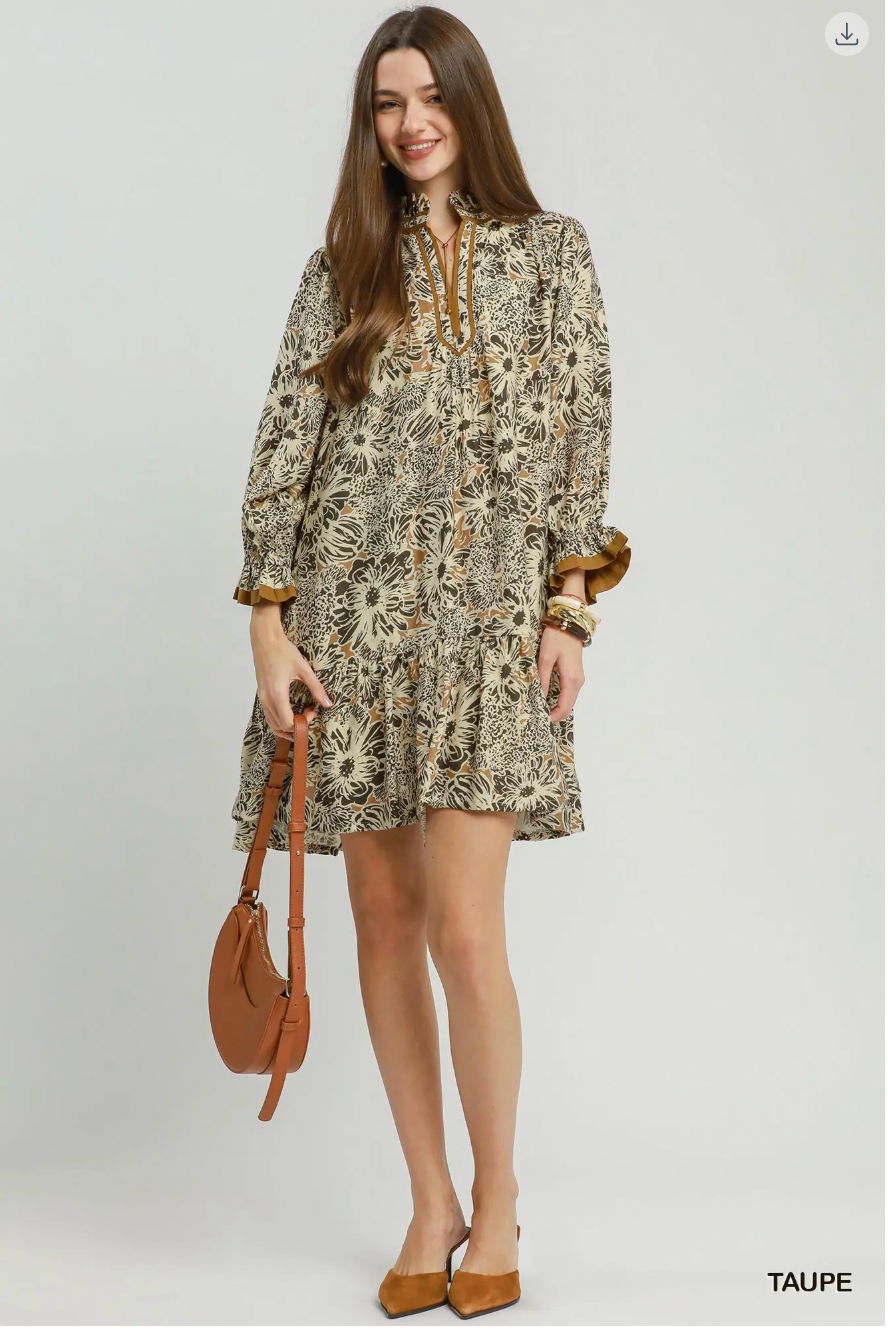 Umgee Ruffle Neck Printed Mini Dress TAUPE