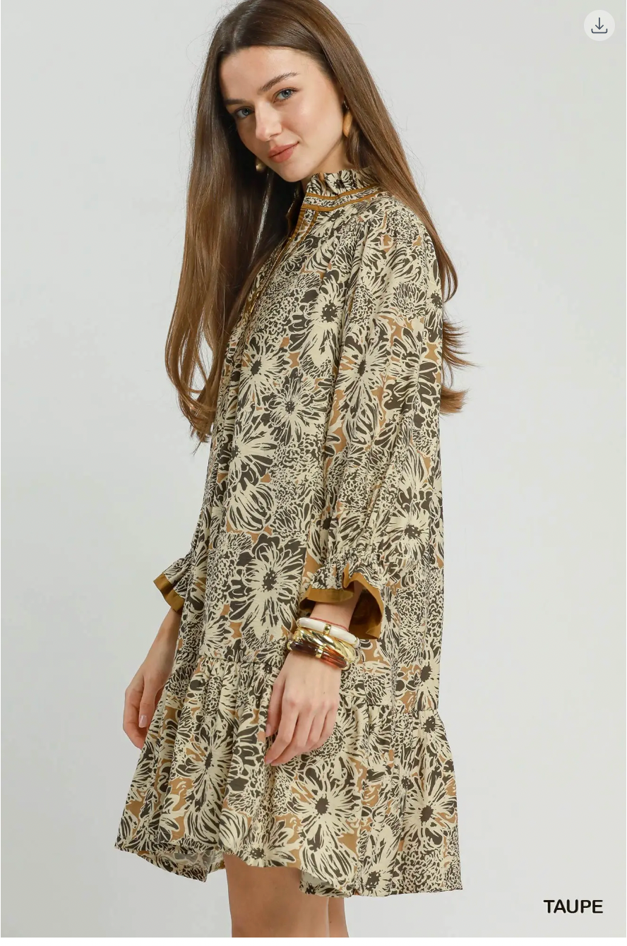 Umgee Ruffle Neck Printed Mini Dress TAUPE