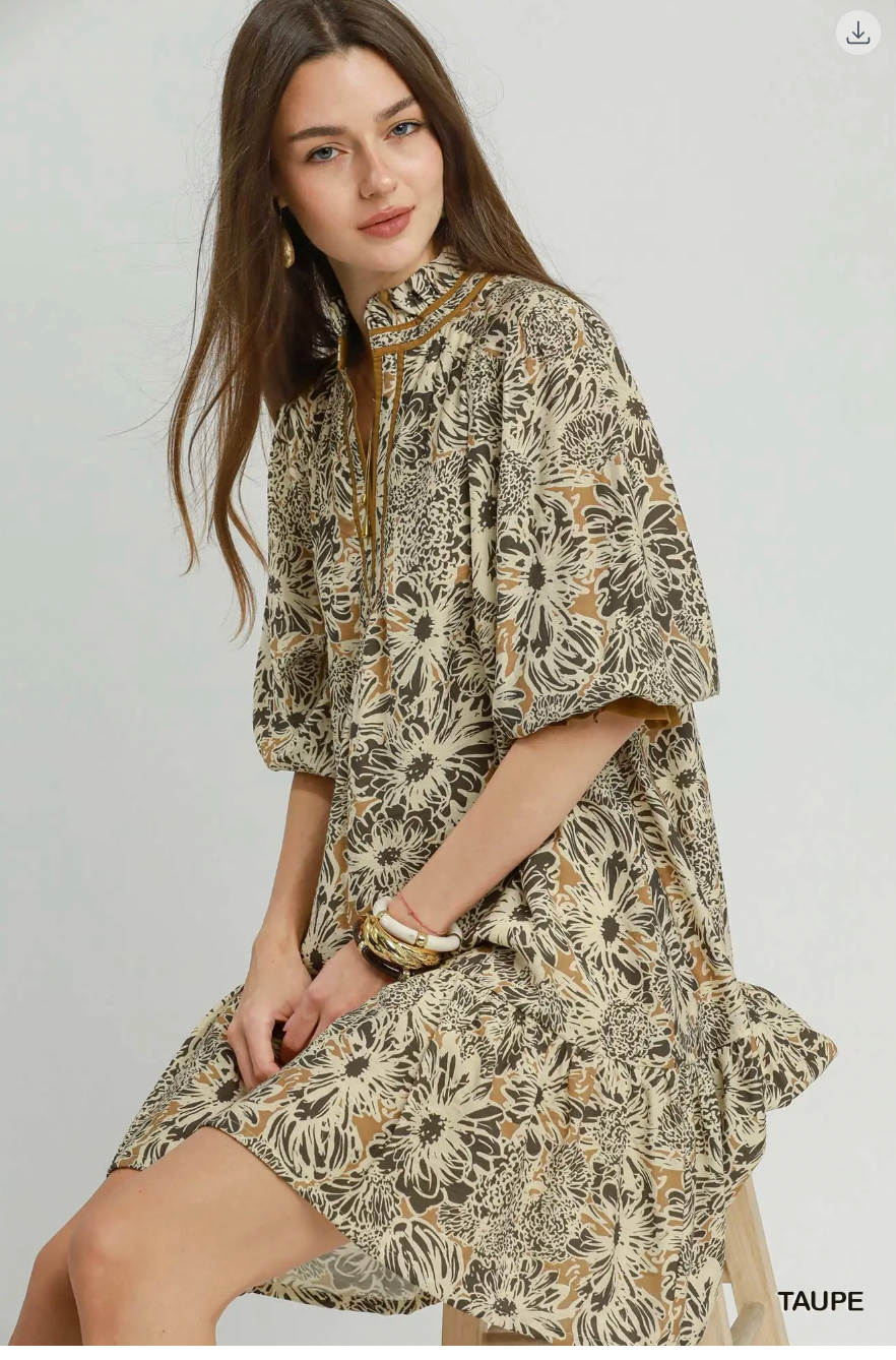 Umgee Ruffle Neck Printed Mini Dress TAUPE