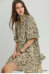 Umgee Ruffle Neck Printed Mini Dress TAUPE
