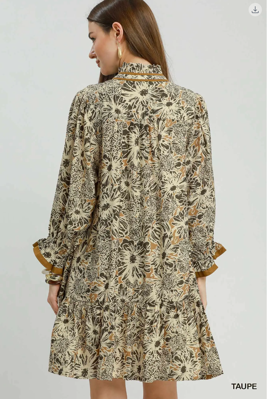 Umgee Ruffle Neck Printed Mini Dress TAUPE