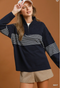 Umgee W Colorblocked 1/4 Zip Knit Top NAVY