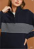 Umgee W Colorblocked 1/4 Zip Knit Top NAVY