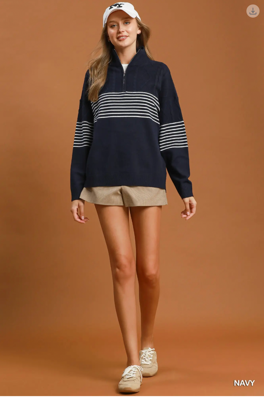 Umgee W Colorblocked 1/4 Zip Knit Top NAVY