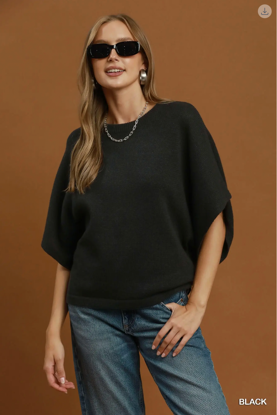 Umgee W Oversized Round Neck Sweater Top BLACK