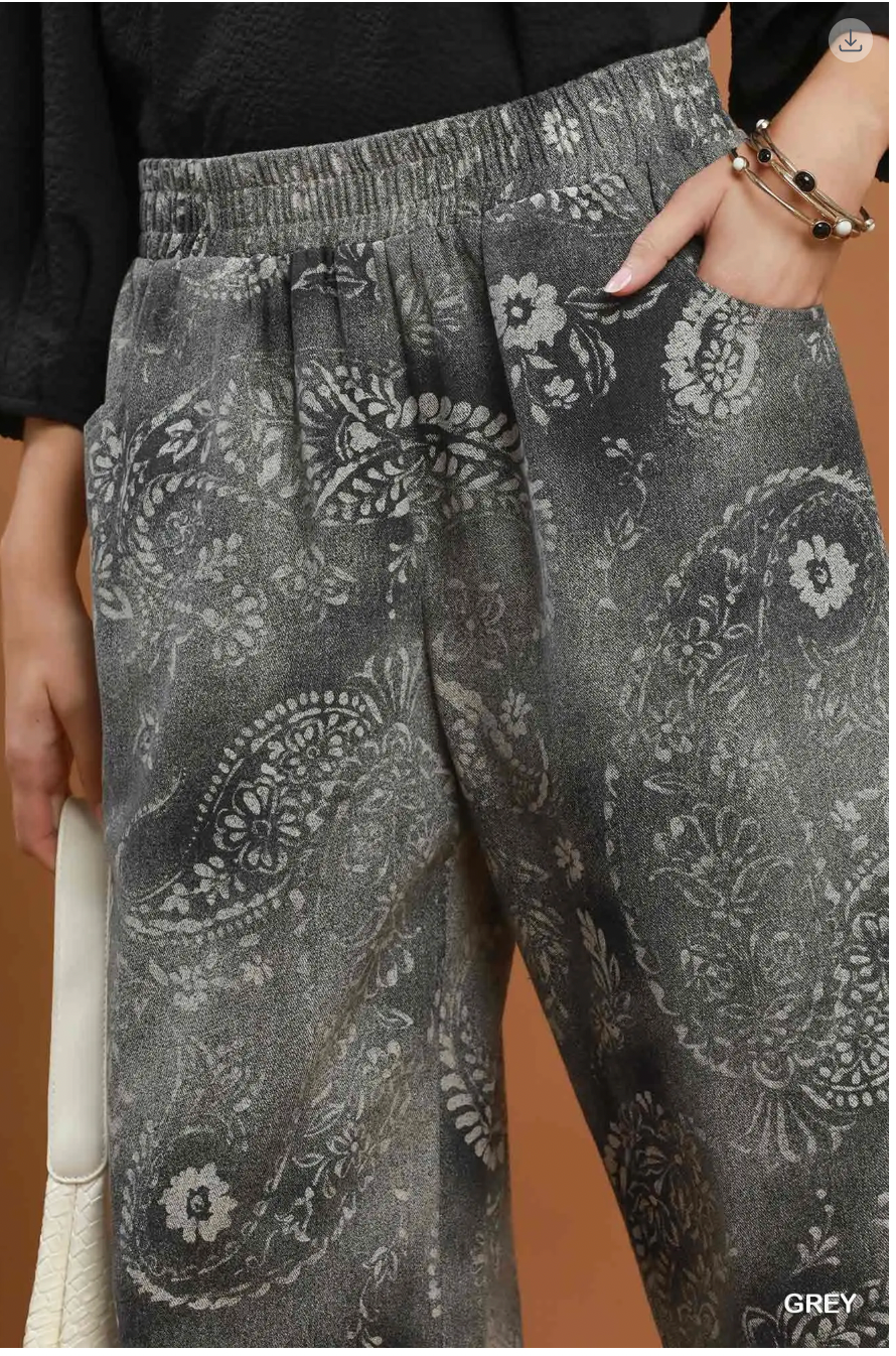 Umgee W Paisley Print Wide Leg Pants GREY