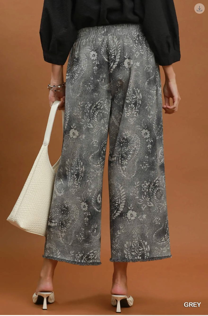 Umgee W Paisley Print Wide Leg Pants GREY