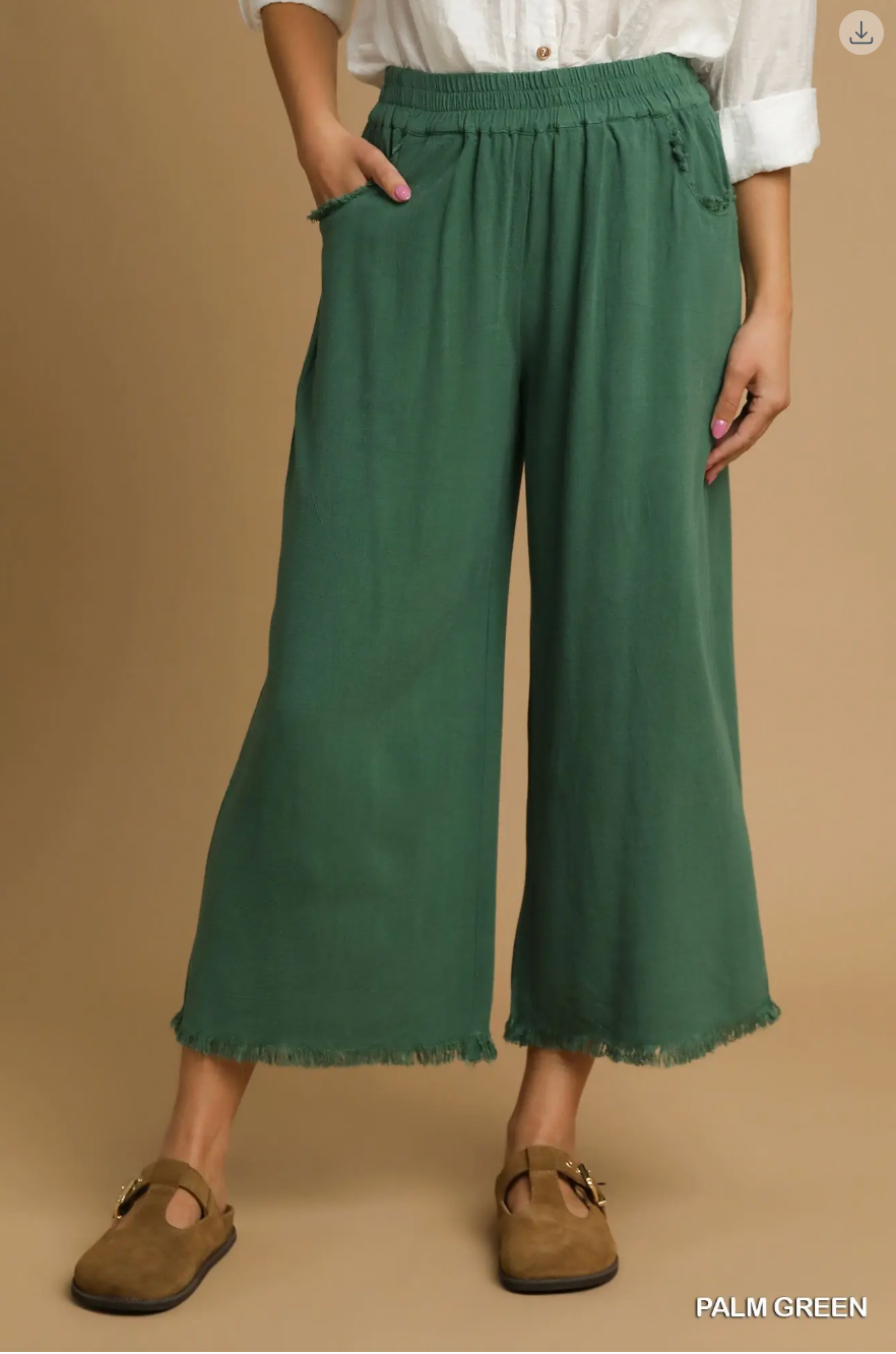 Umgee W Linen Fray Pant PALM GREEN