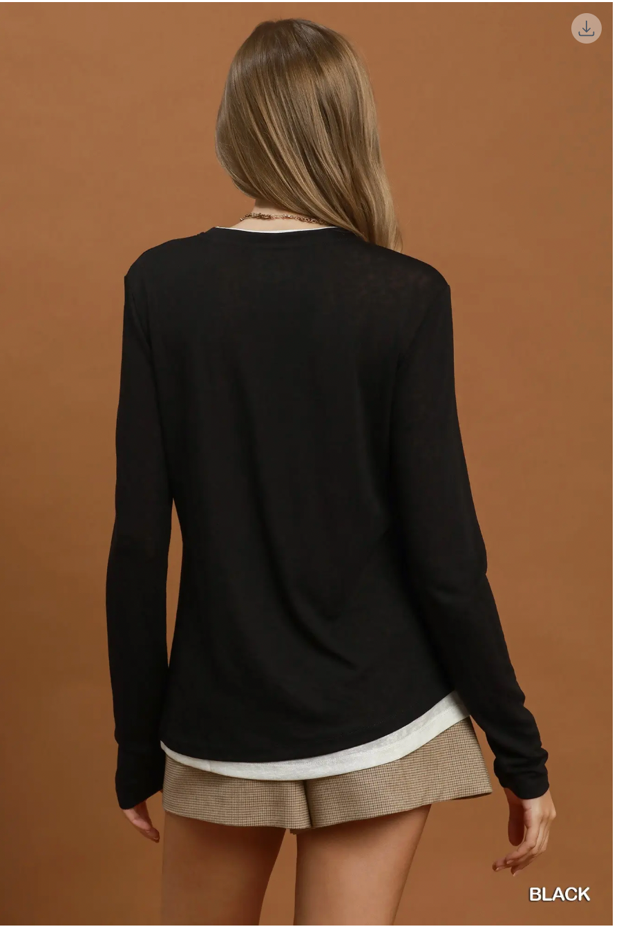 Umgee W LS Layered Hem Knit Top BLACK