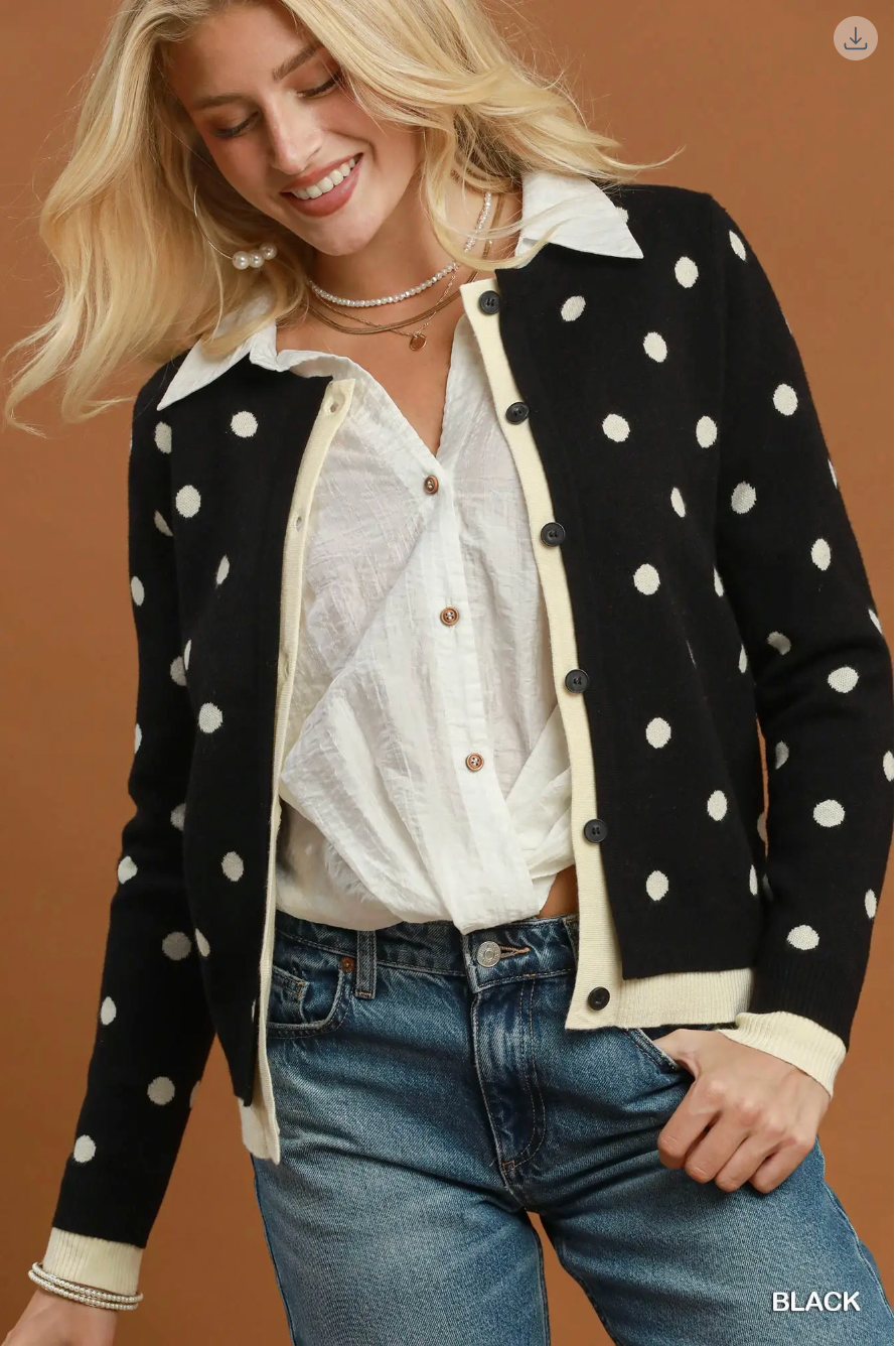 Umgee W Polka Dot Knit Cardigan BLACK