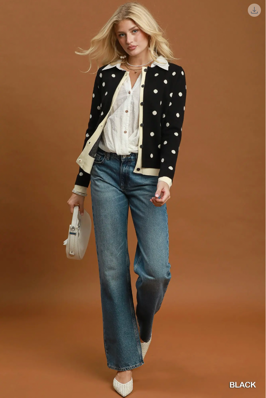 Umgee W Polka Dot Knit Cardigan BLACK
