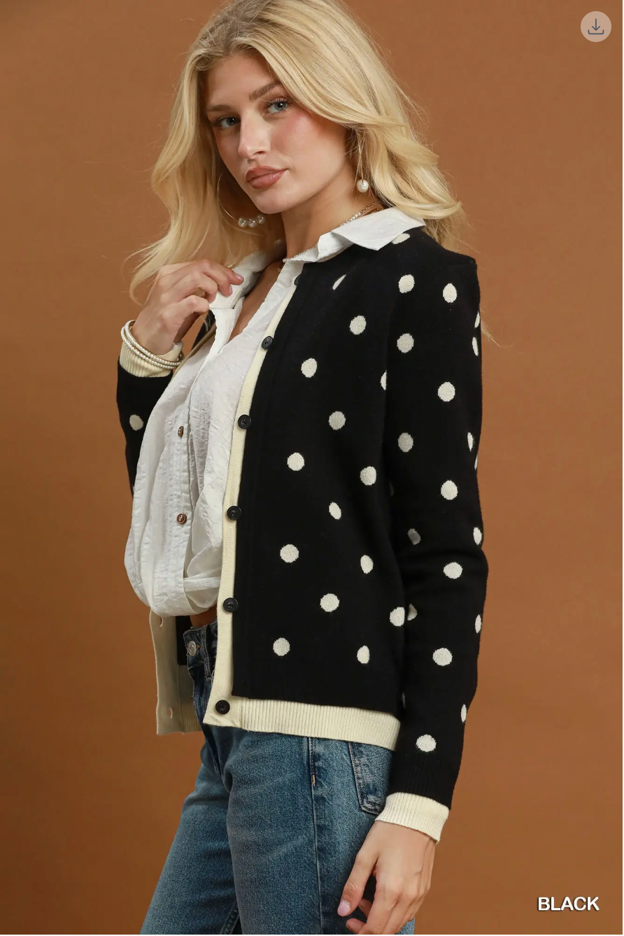 Umgee W Polka Dot Knit Cardigan BLACK