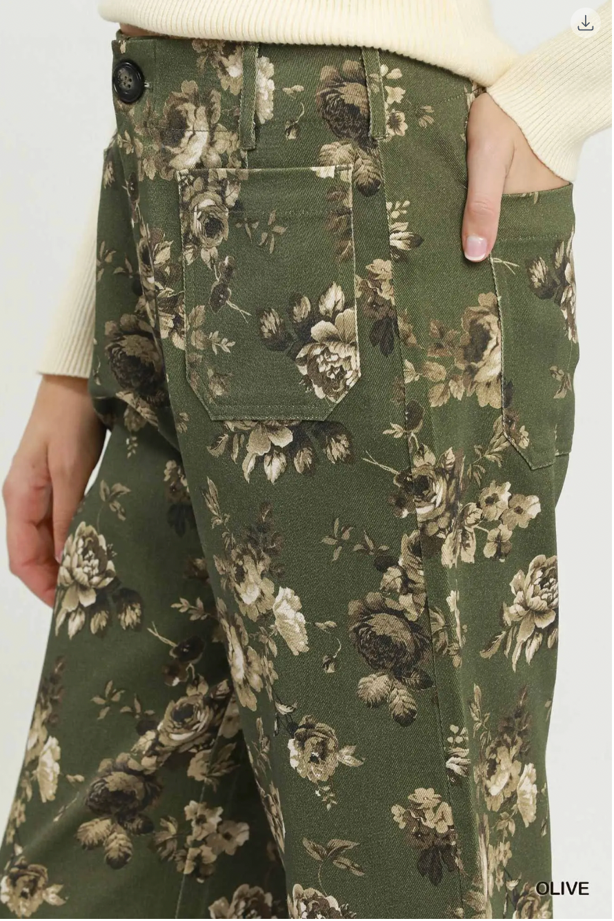 Umgee W Stretch Floral Print Pants OLIVE