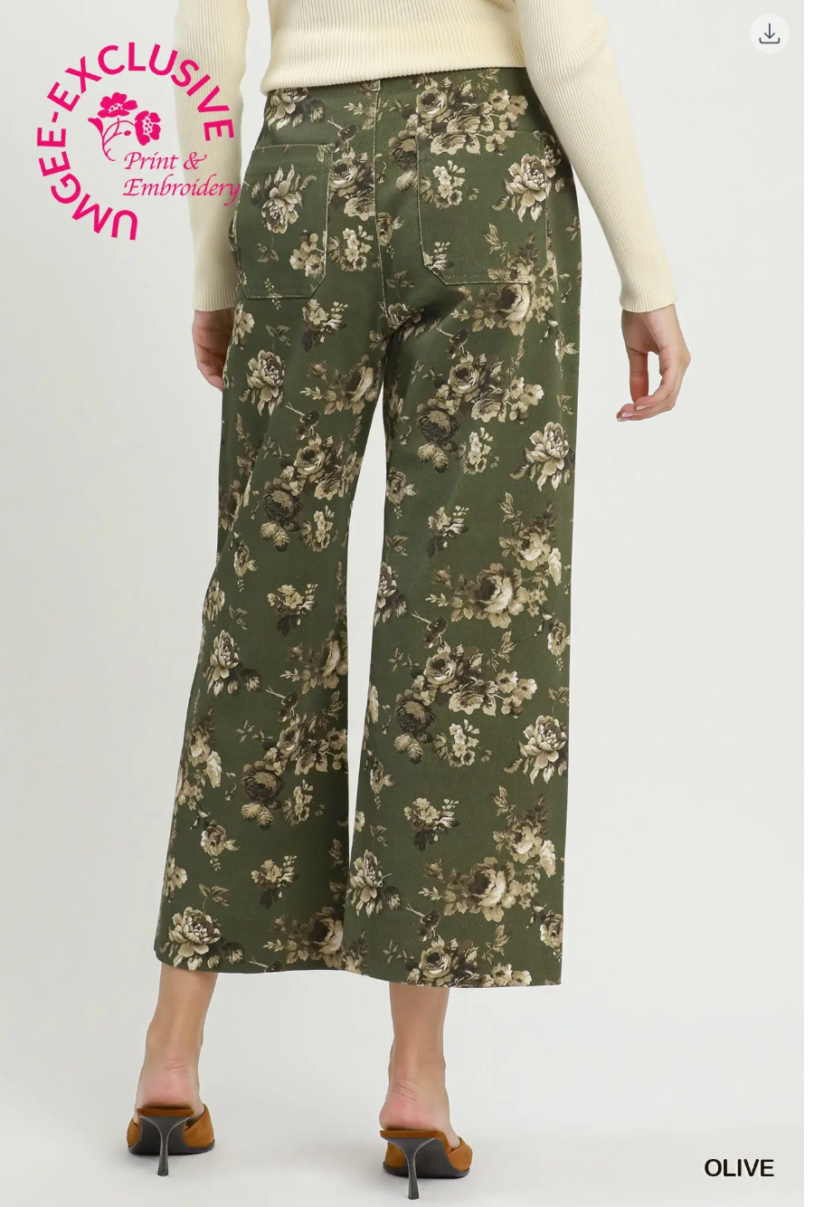 Umgee W Stretch Floral Print Pants OLIVE