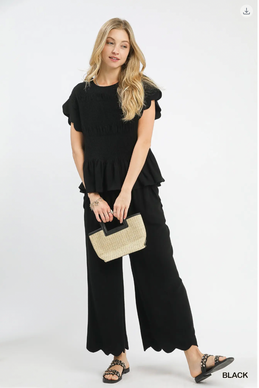 Umgee W Scalloped Hem Pants BLACK