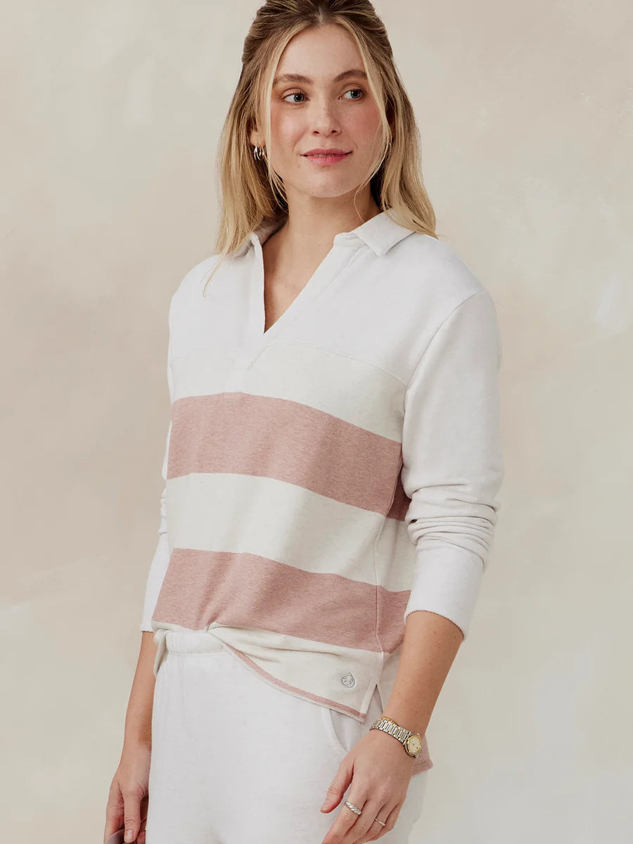 Tasc W French Terry Polo Sweatshirt Stripe COCONUT HEATHER / ROSY HEATHER