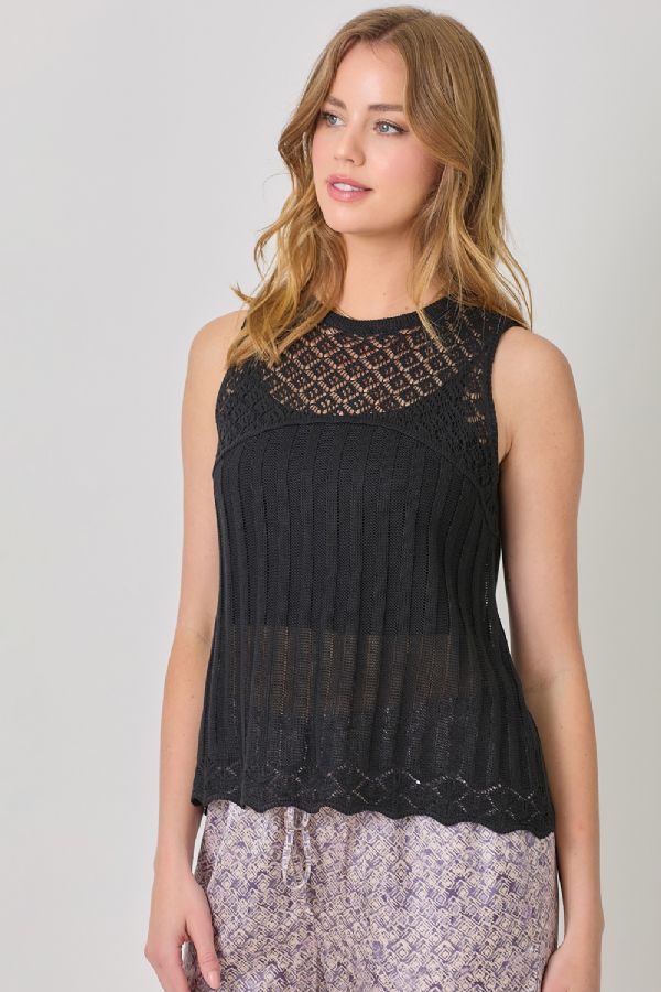 Mystree W Crochet Yoke Tank BLACK