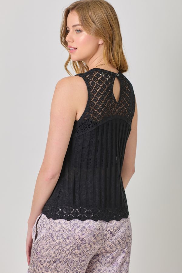 Mystree W Crochet Yoke Tank BLACK