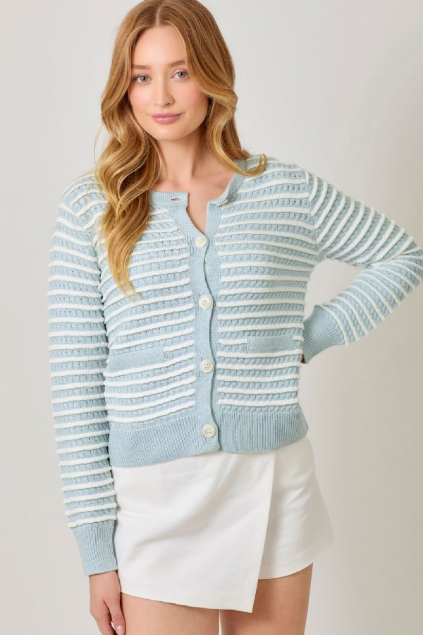 Mystree W Waggle Weave Cardigan IVORY/PALE BLUE