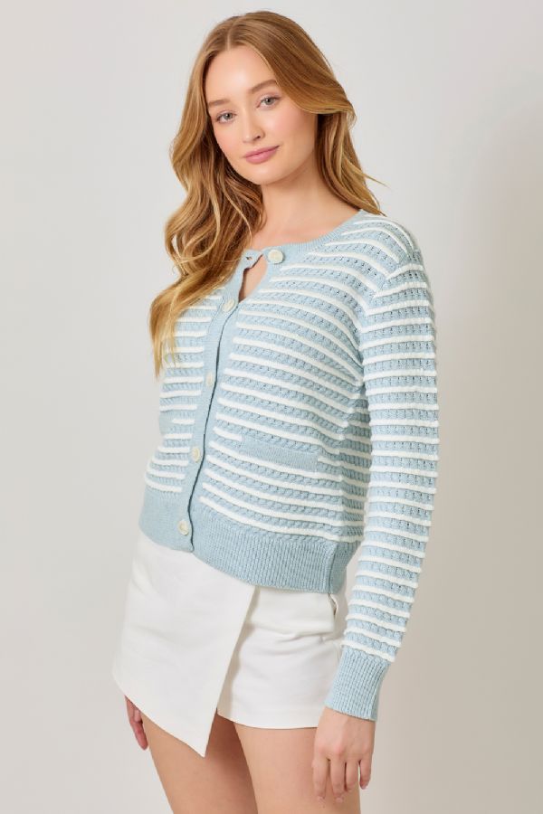 Mystree W Waggle Weave Cardigan IVORY/PALE BLUE