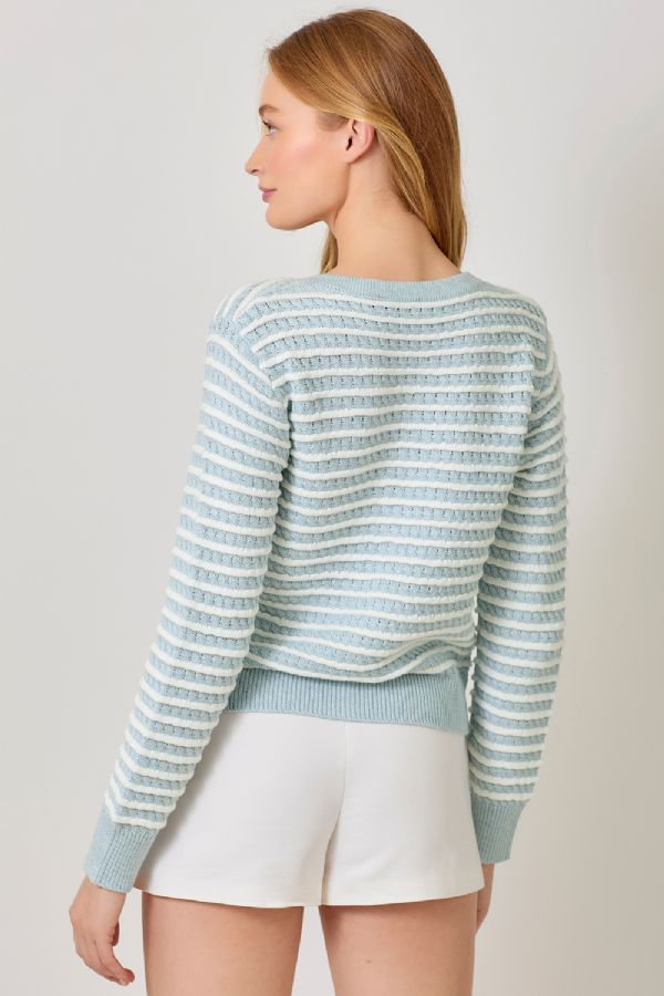 Mystree W Waggle Weave Cardigan IVORY/PALE BLUE