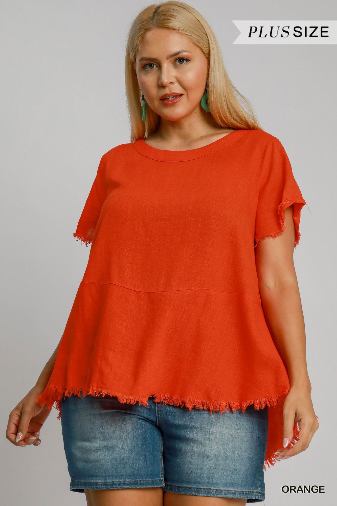 Umgee W SS Linen Fray Top ORANGE