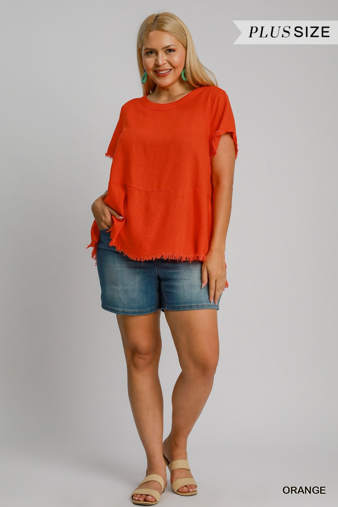 Umgee W SS Linen Fray Top ORANGE