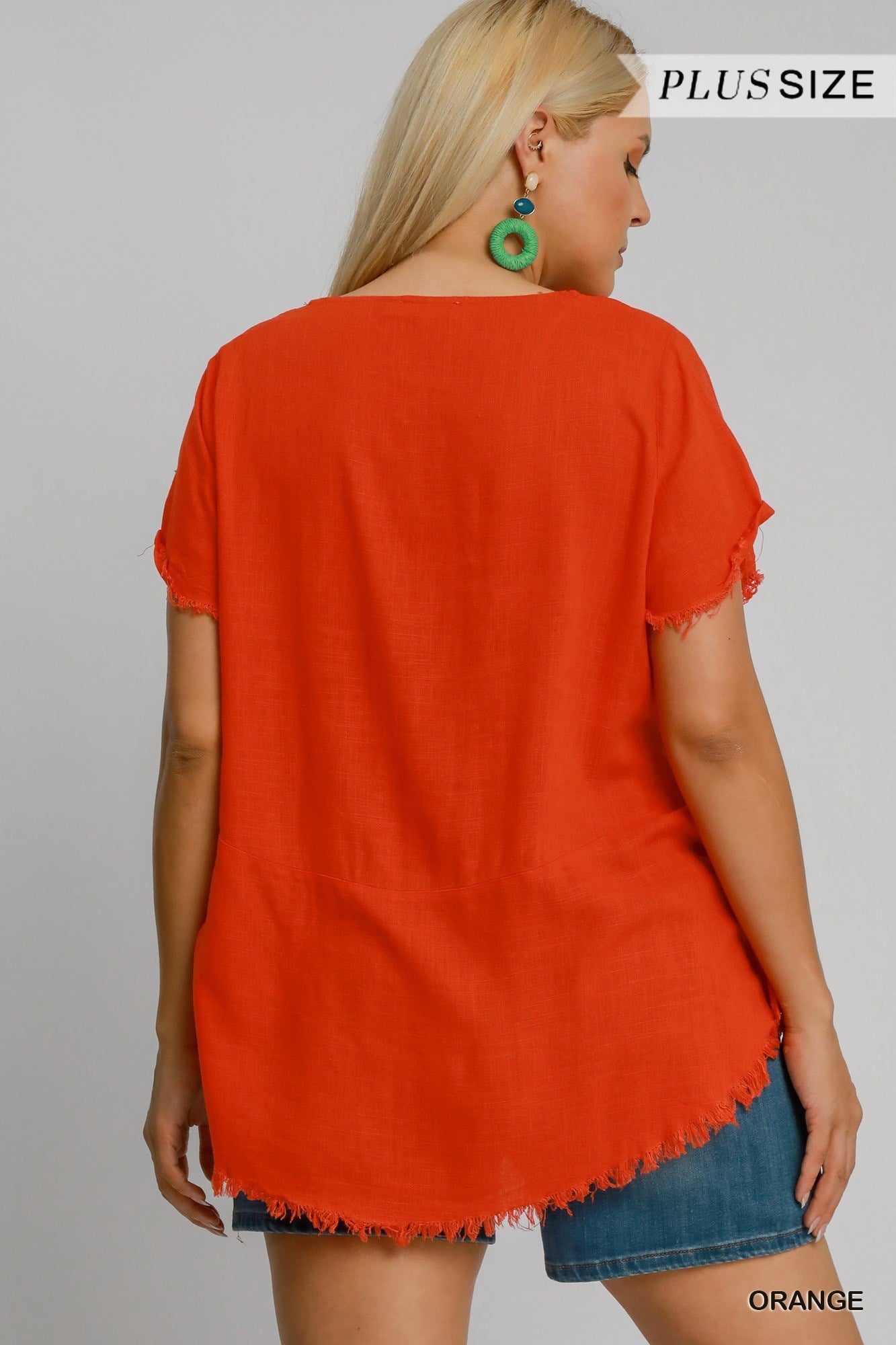 Umgee W SS Linen Fray Top ORANGE