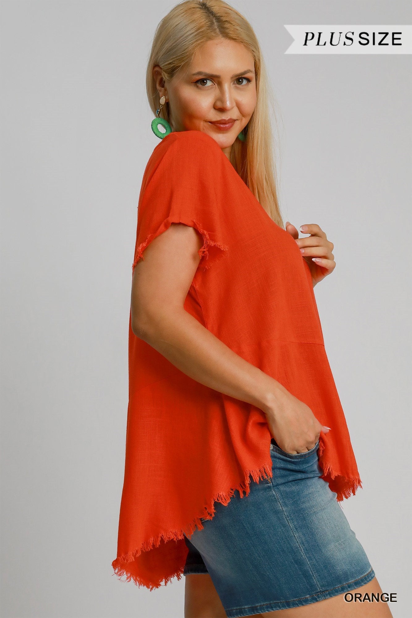 Umgee W SS Linen Fray Top ORANGE