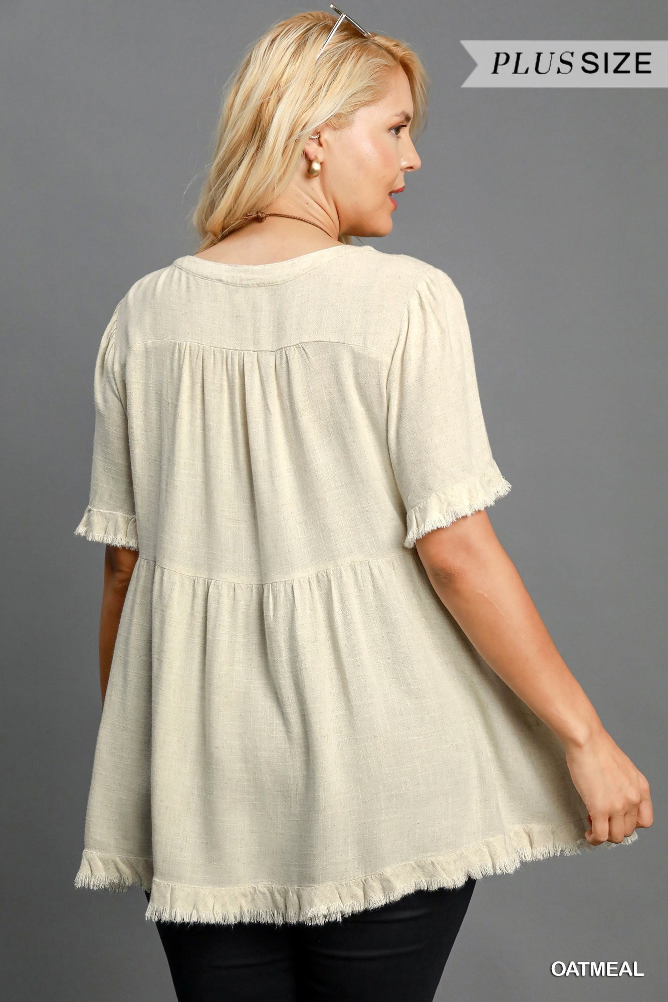 Umgee W Linen Split Neck Top OATMEAL