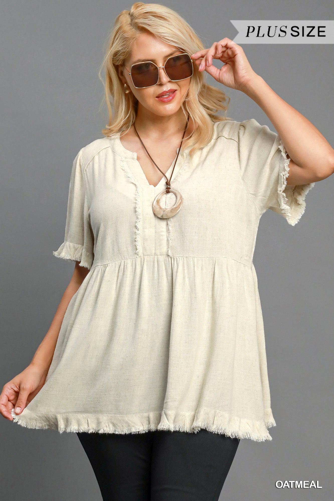Umgee W Linen Split Neck Top OATMEAL
