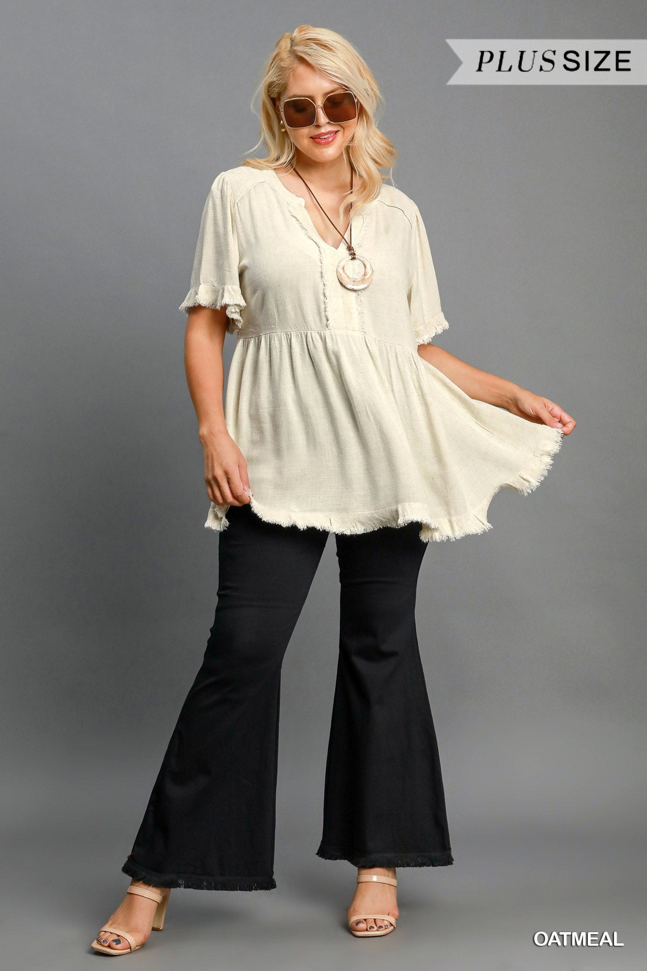 Umgee W Linen Split Neck Top OATMEAL