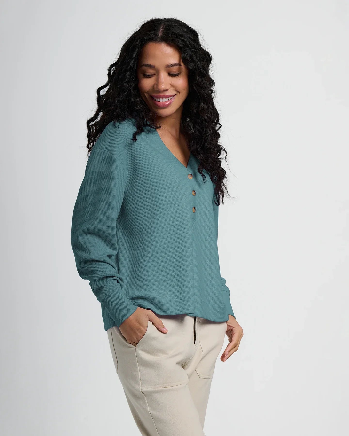 Free Fly W LS Waffle Henley SEA PINE