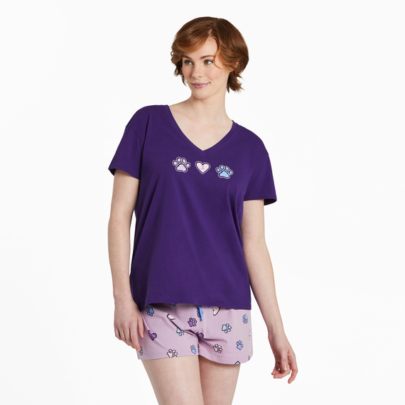 Life is Good W SS Relaxed Sleep Heart Paw Trio Tee DEEP PURPLE