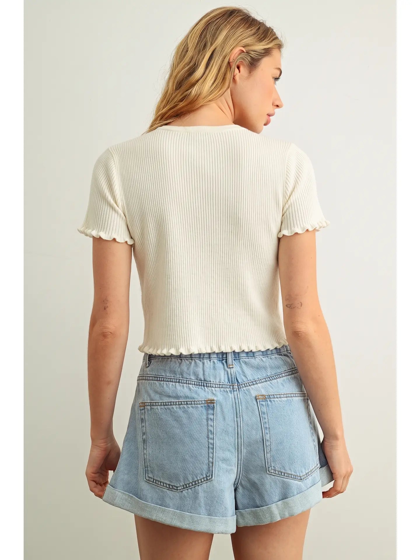 Miou Muse W SS Mini Ruffle Ribbed Top CREAM