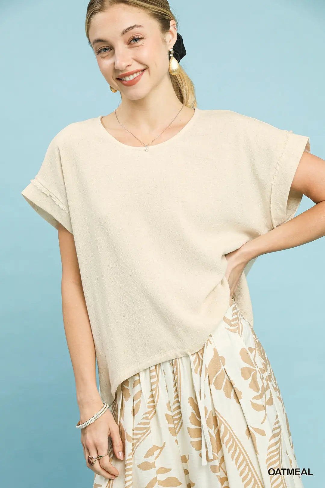 Umgee W Tie Hem Linen Round Neck Top OATMEAL