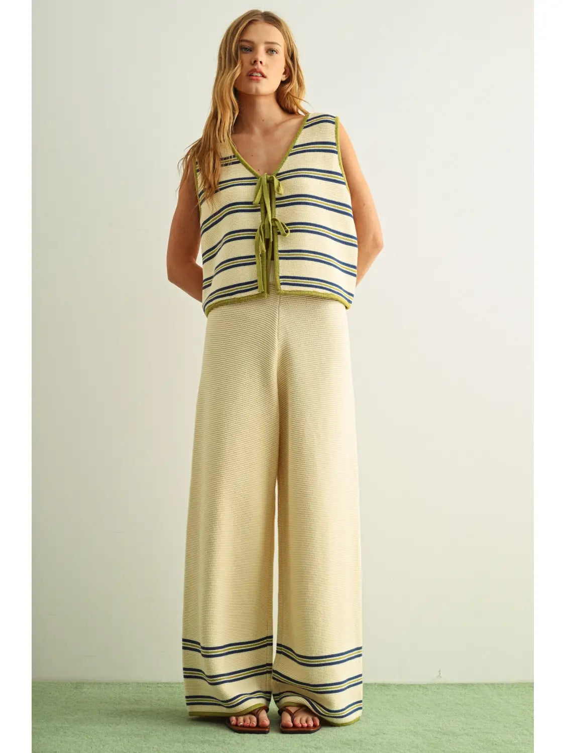 Miou Muse W Border Stripe Knit Pants GREEN / NAVY