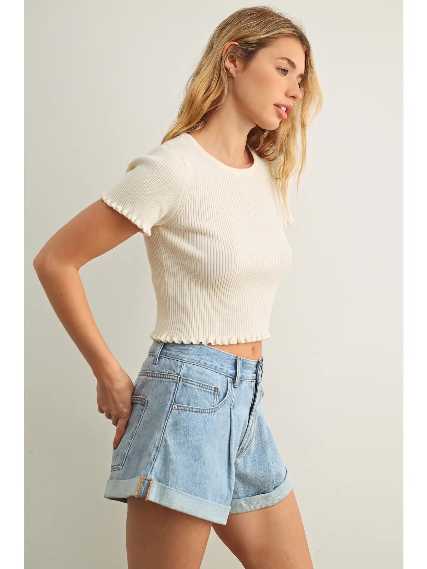 Miou Muse W SS Mini Ruffle Ribbed Top CREAM