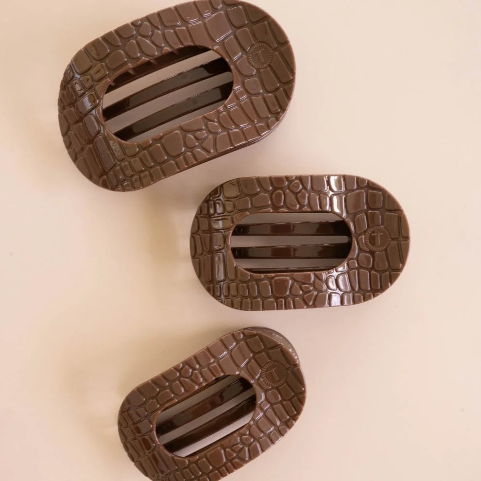 Teleties Medium Flat Round Hair Clip BROWN CROCODILE
