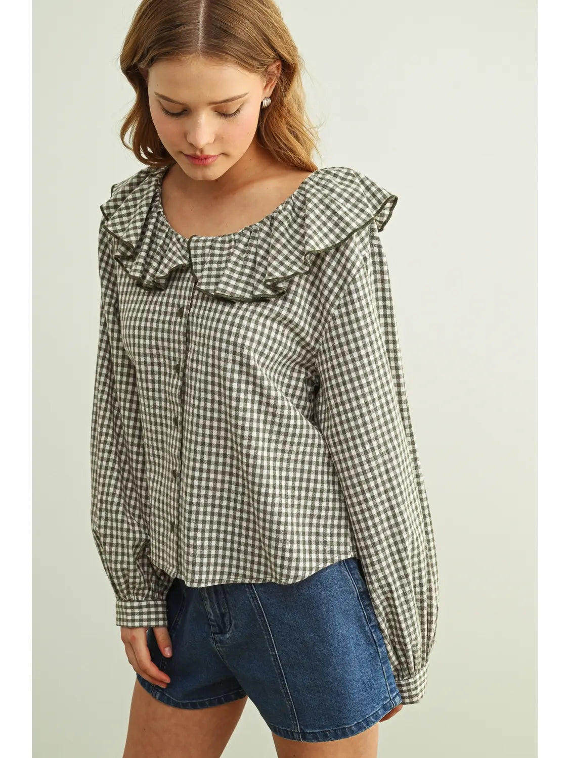 Miou Muse W LS Mini Gingham Ruffled Collar Blouse OLIVE