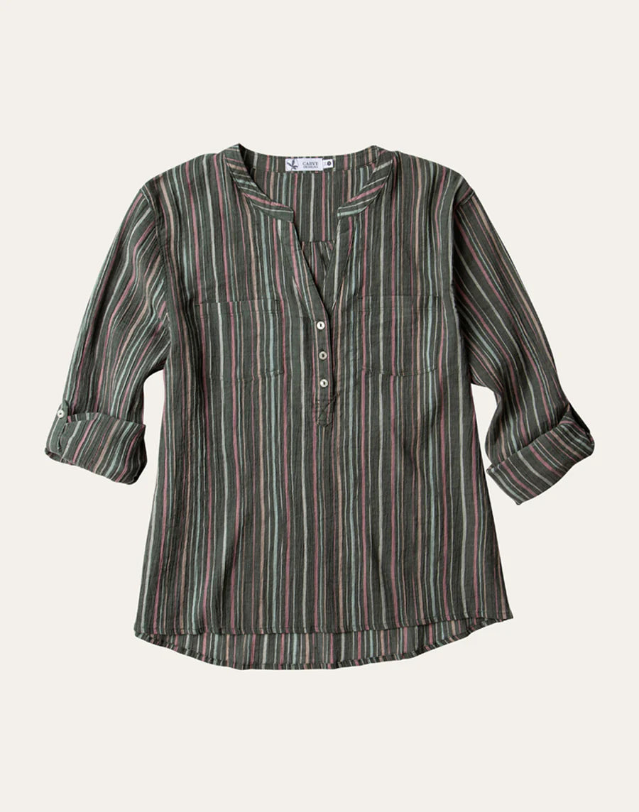 Carve Designs W LS Dylan Gauze Shirt CILANTRO STRIPE