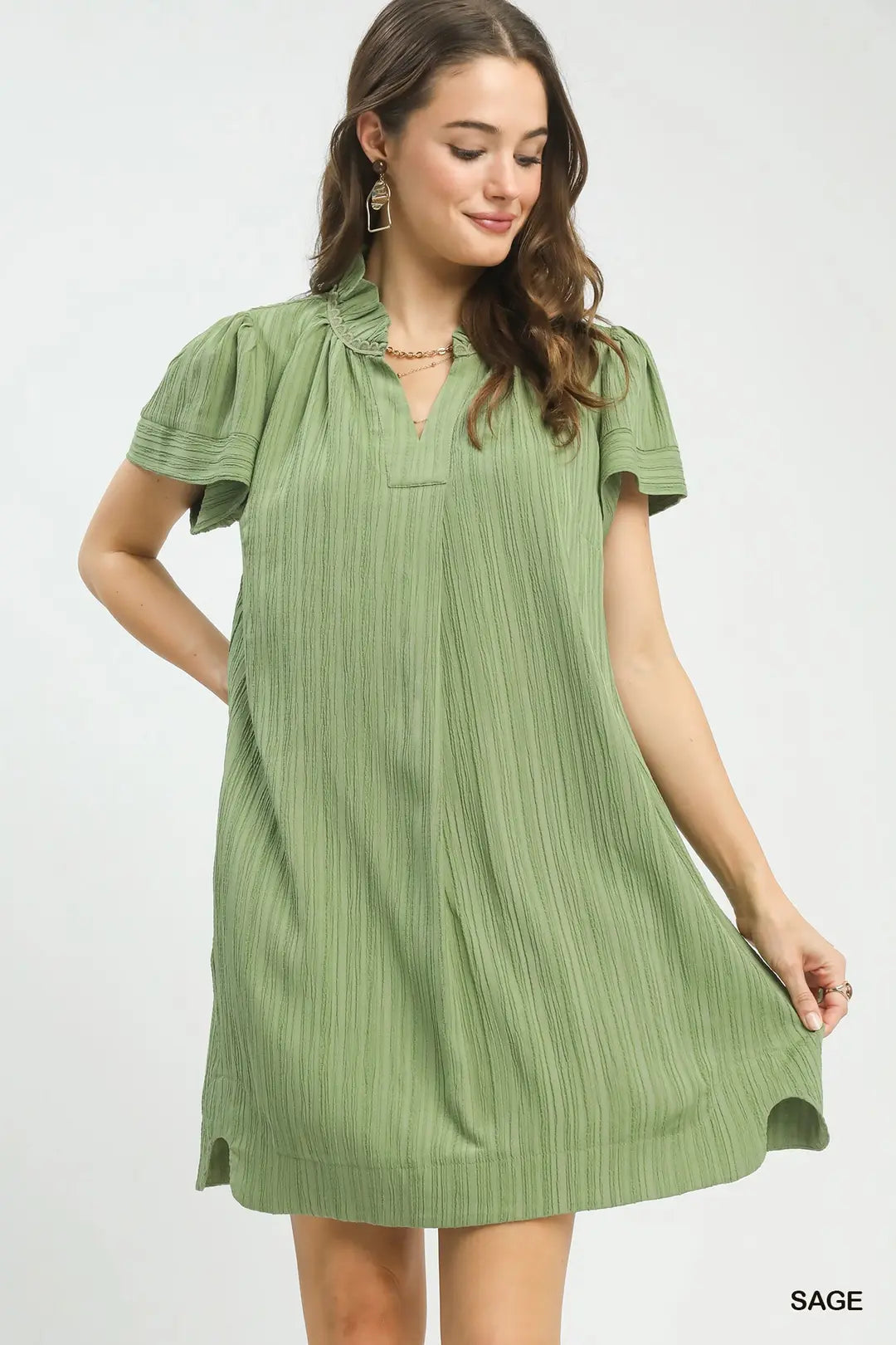 Umgee W Frilled Flutter Sleeve Shift Dress SAGE