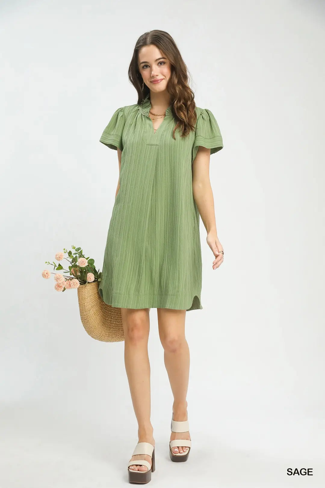 Umgee W Frilled Flutter Sleeve Shift Dress SAGE