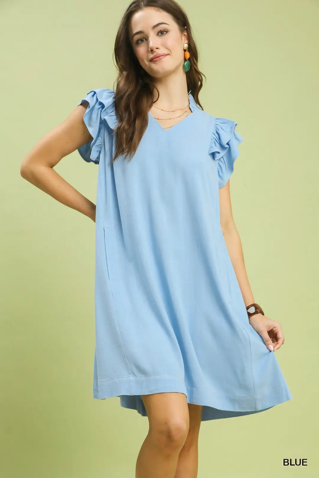 Umgee W Ruffle V-Neck Shift Dress BLUE