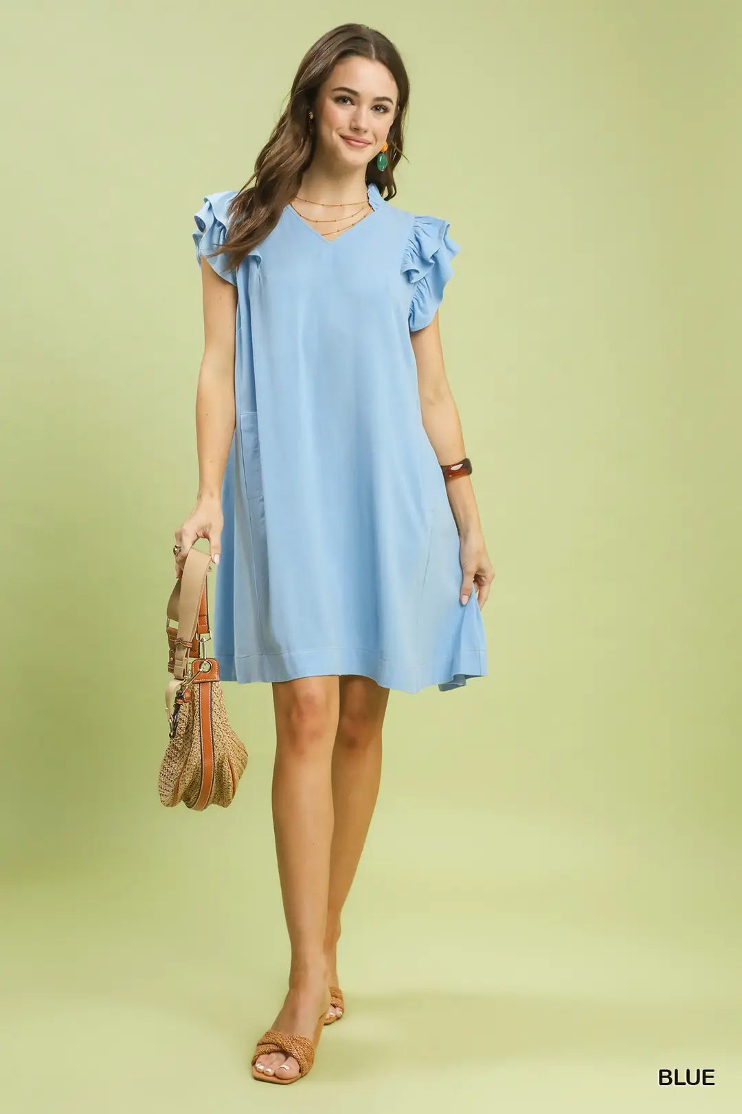 Umgee W Ruffle V-Neck Shift Dress BLUE